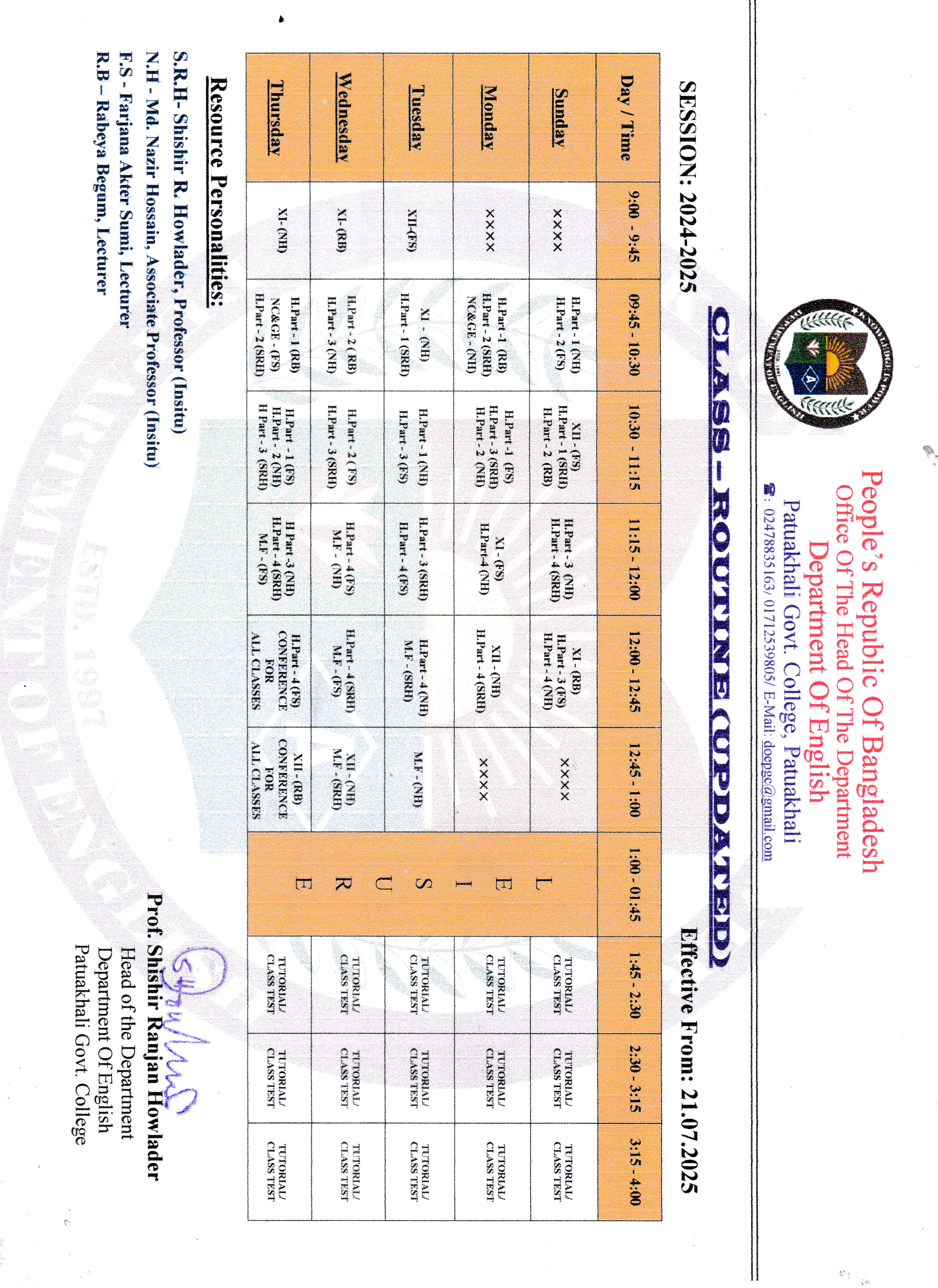 Class Routine. Department Of English