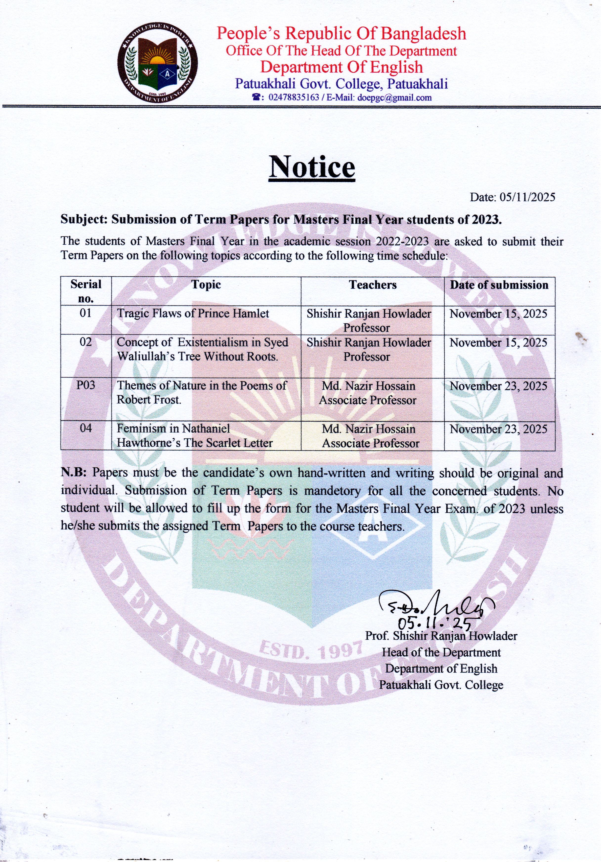 Masters Final Year Tarm Paper-2023 / Session.2022-2023