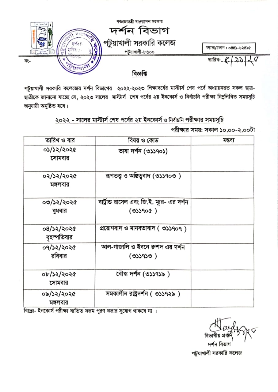 Masters Final Year 2nd incours exam Routine