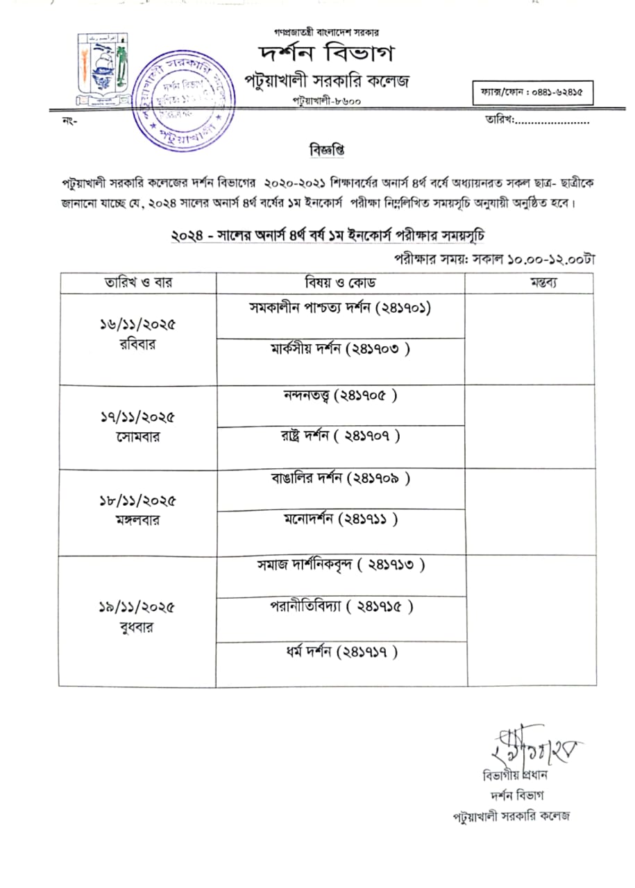 Honours 4th Year 1st incours Exam Routine